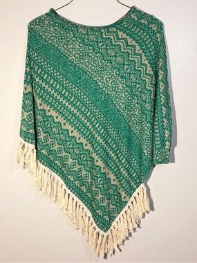 Vava by Joy Han Teal Green and Cream Geometric Fringe Poncho